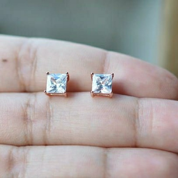 18k Rose Gold Diamond Cz Princess Cut Earrings - Picture 2 of 4